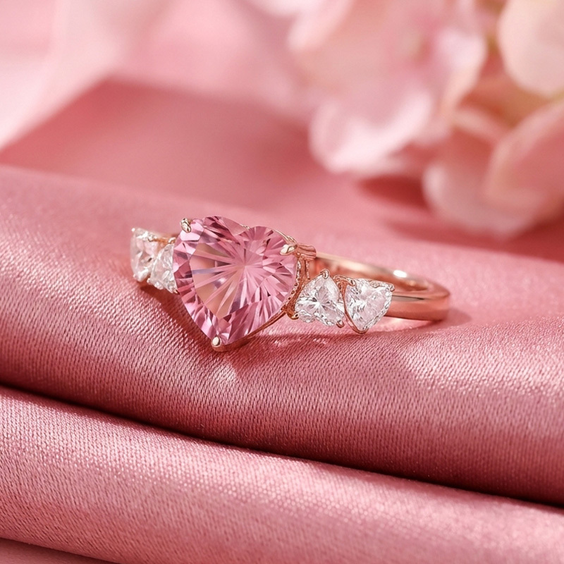 Sotiya Heart Sidestones Pink Heart Fantasy Starbrite Cut Engagement Ring Sterling Silver-Sotiya