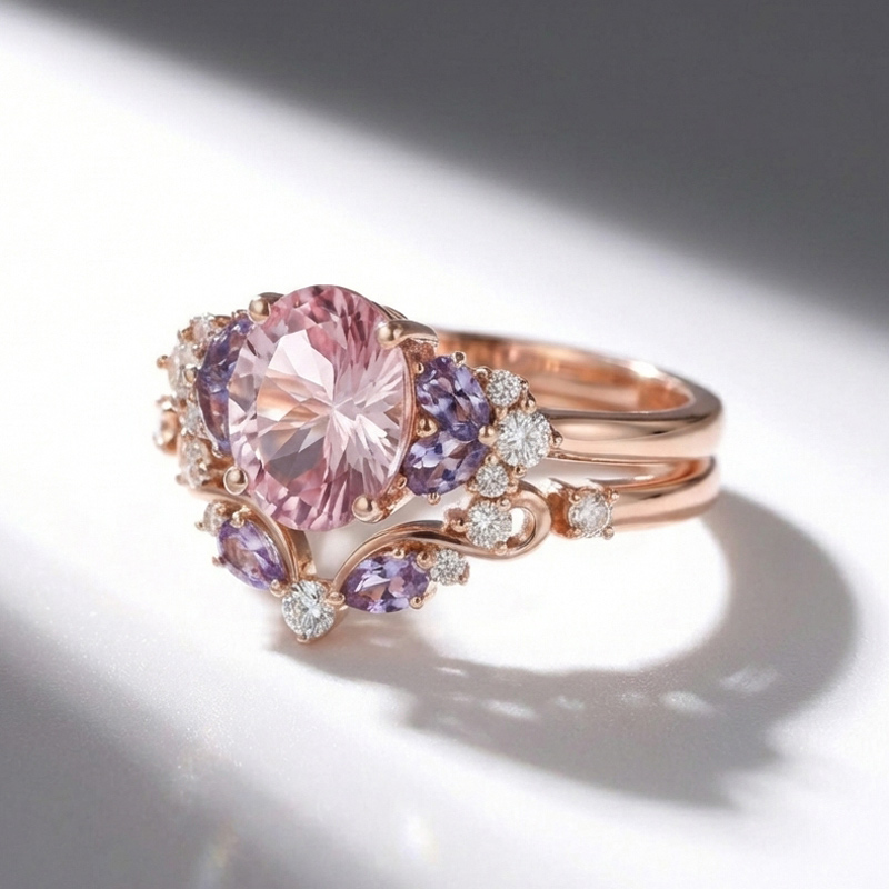 Sotiya Sidestones Cluster Pink Oval Fantasy Starbrite Cut Wedding Bridal Ring Set Sterling Silver-Sotiya