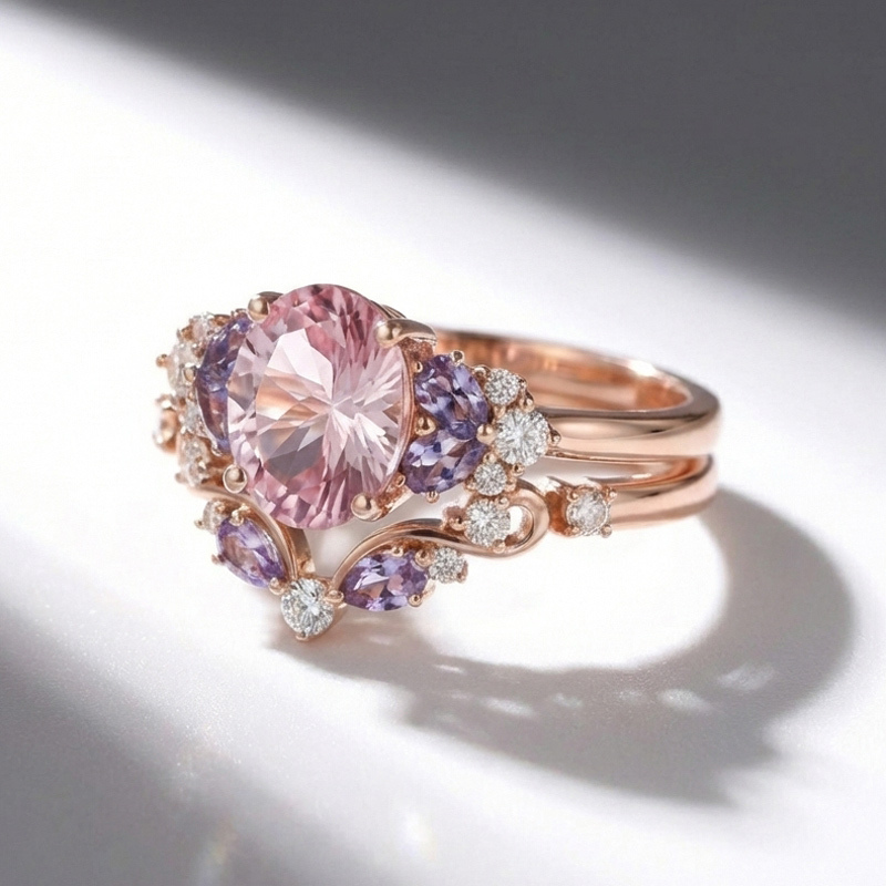 Sotiya Sidestones Cluster Pink Oval Fantasy Starbrite Cut Wedding Bridal Ring Set Sterling Silver-Sotiya