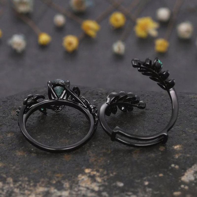 Sotiya Vintage Nature Inspired Oval Cut Green Moss Agate Enhancer Wedding Bridal Ring Set Sterling Silver-Sotiya