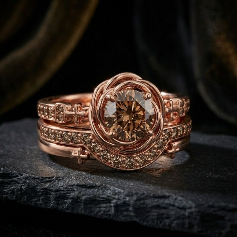 Sotiya 3PC Rose Design Faith Cross Coffee Round Cut Wedding Bridal Ring Set Sterling Silver-Sotiya