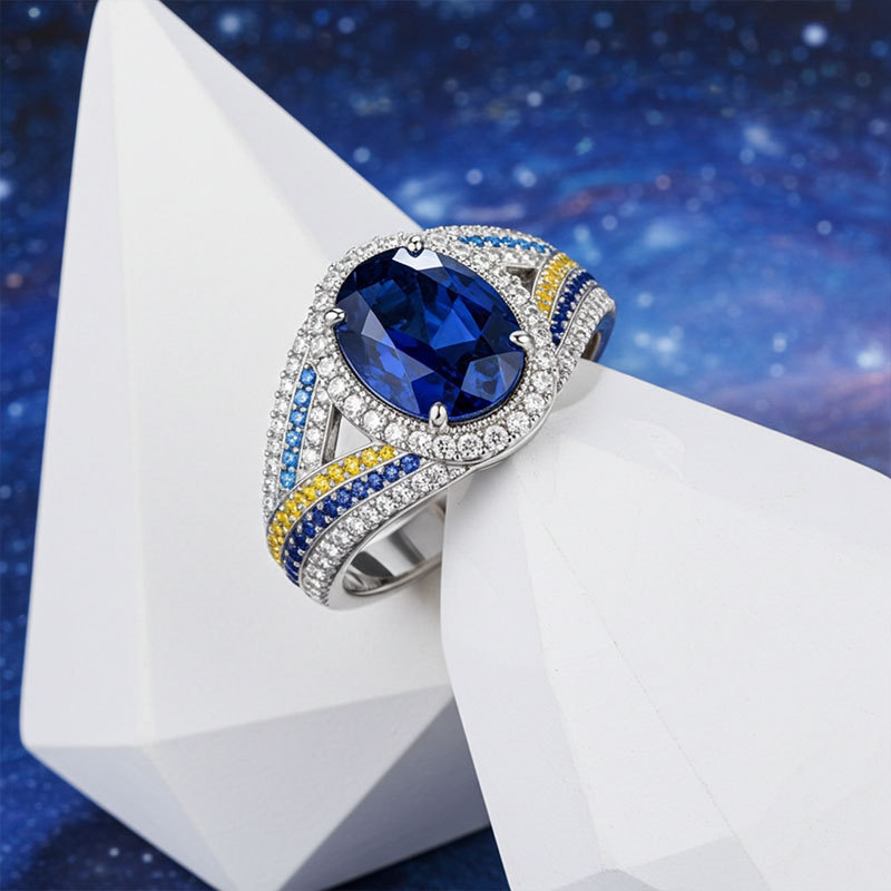 Sotiya Artist Collection Famous Painting Starry Night Halo Oval Cut Engagement Ring Sterling Silver-Sotiya