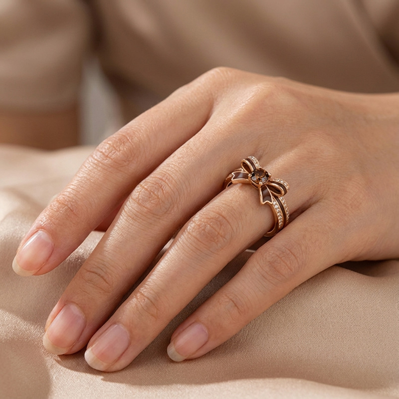 Sotiya Cushion Cut Bowknot Coffee Enamel Promise Ring Sterling Silver-Sotiya