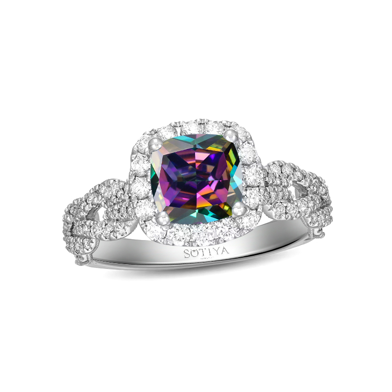Sotiya Cathedral Interweaving Halo Cushion Cut Rainbow Mystic Quartz Engagement Ring Sterling Silver-Sotiya