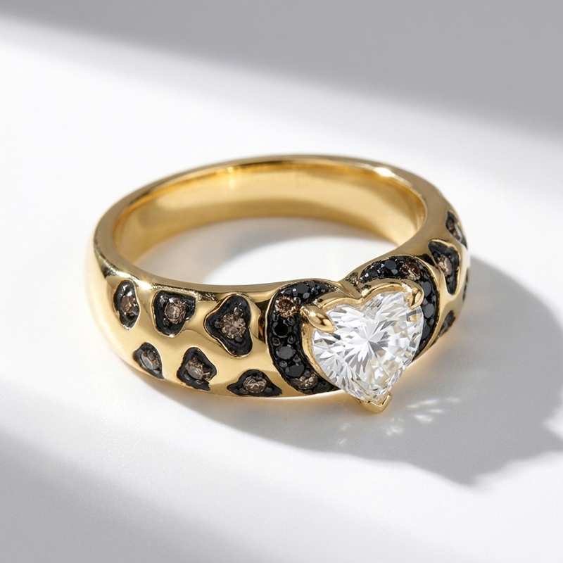 Sotiya Heart Cut Leopard Print Coffee Black Enamel Ring Sterling Silver-Sotiya