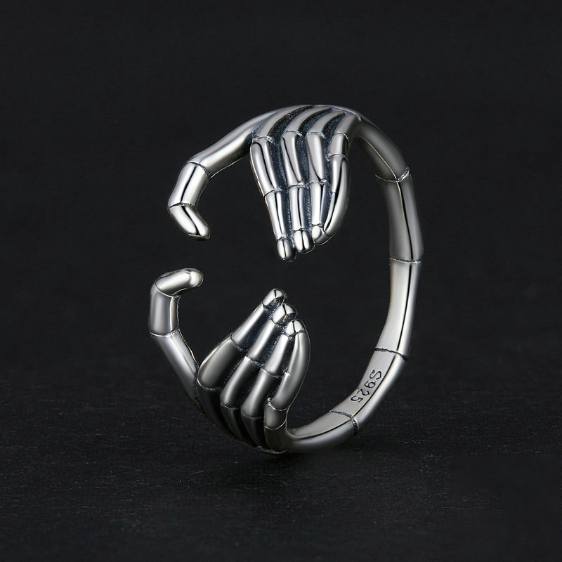 Sotiya Halloween Skeleton Hand Heart Claddagh Openable Ring Sterling Silver-Sotiya