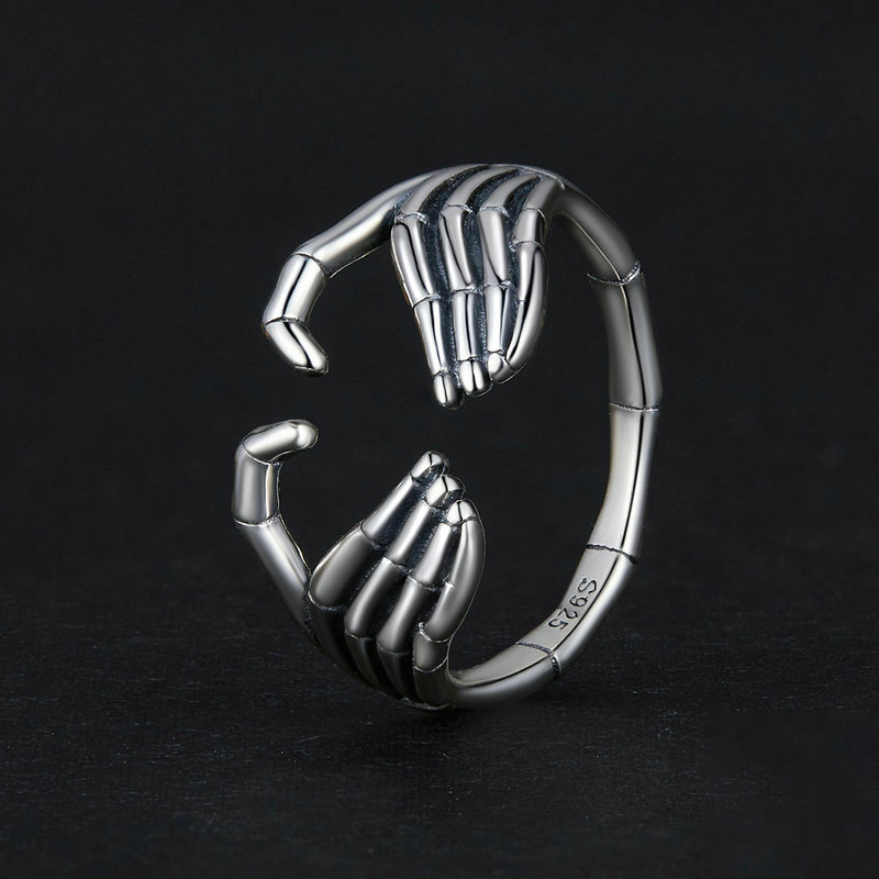 Sotiya Halloween Skeleton Hand Heart Claddagh Openable Ring Sterling Silver-Sotiya