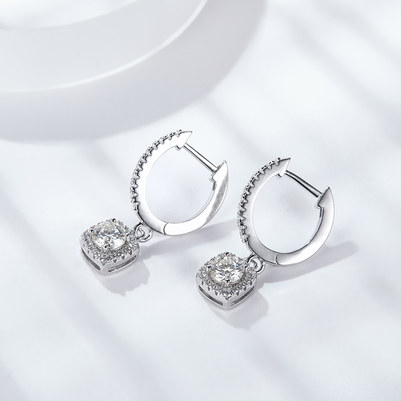 Sotiya Square Halo Design Round Cut Moissanite Drop Earrings Sterling Silver-Sotiya