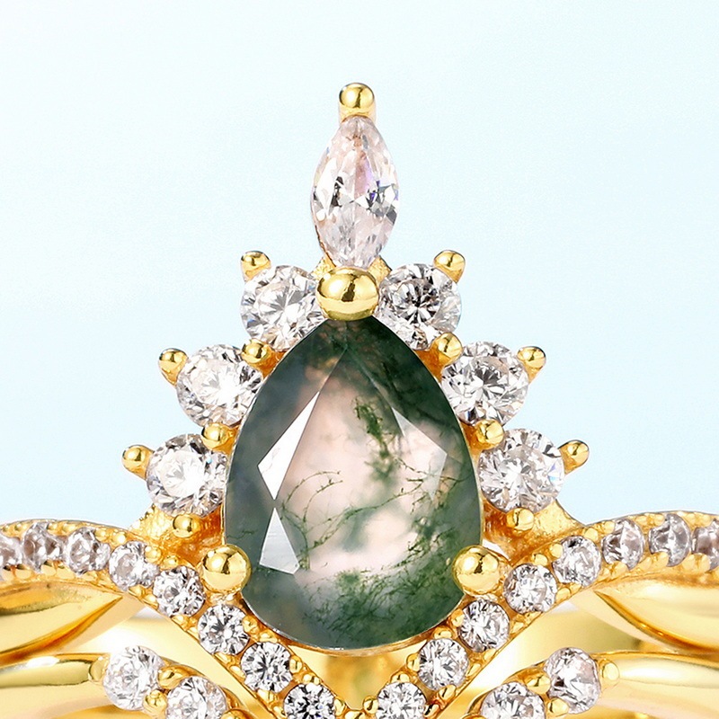 Sotiya Vintage Twist Pear Cut Green Moss Agate Wedding Bridal Ring Set Sterling Silver-Sotiya