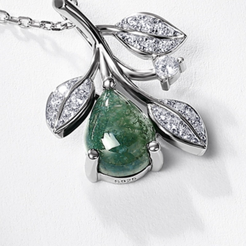 Sotiya Leaf Design Pear Cut Green Moss Agate Necklace Sterling Silver-Sotiya