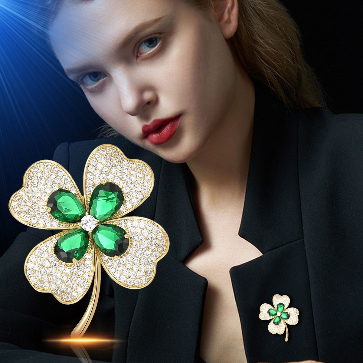 Sotiya Four Leaf Clover Pear Cut Emerald Green Brooch-Sotiya