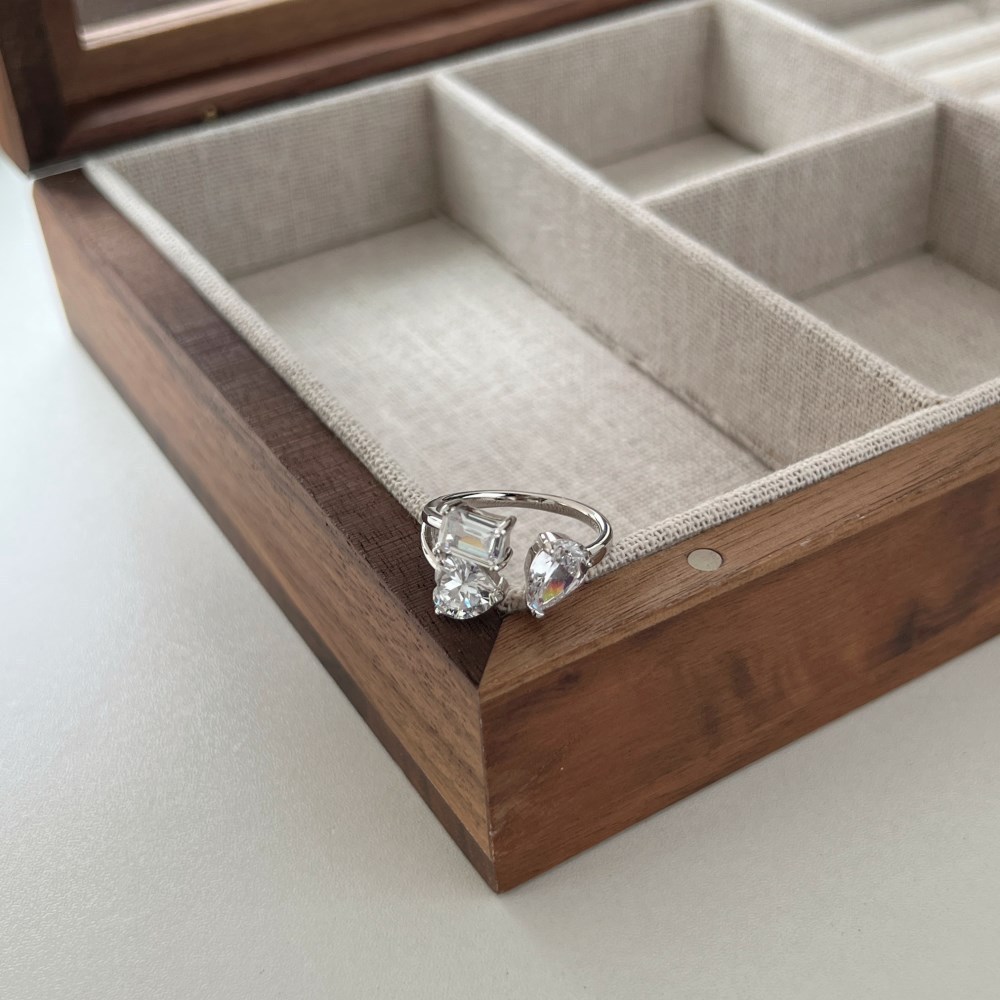 Sotiya Toi et Moi Mixed Shape Cut 1 ct Pear, Heart, Emerald Cut Total 3 ct Three Stone Open Adjustable Engagement Ring Sterling Silver-Sotiya