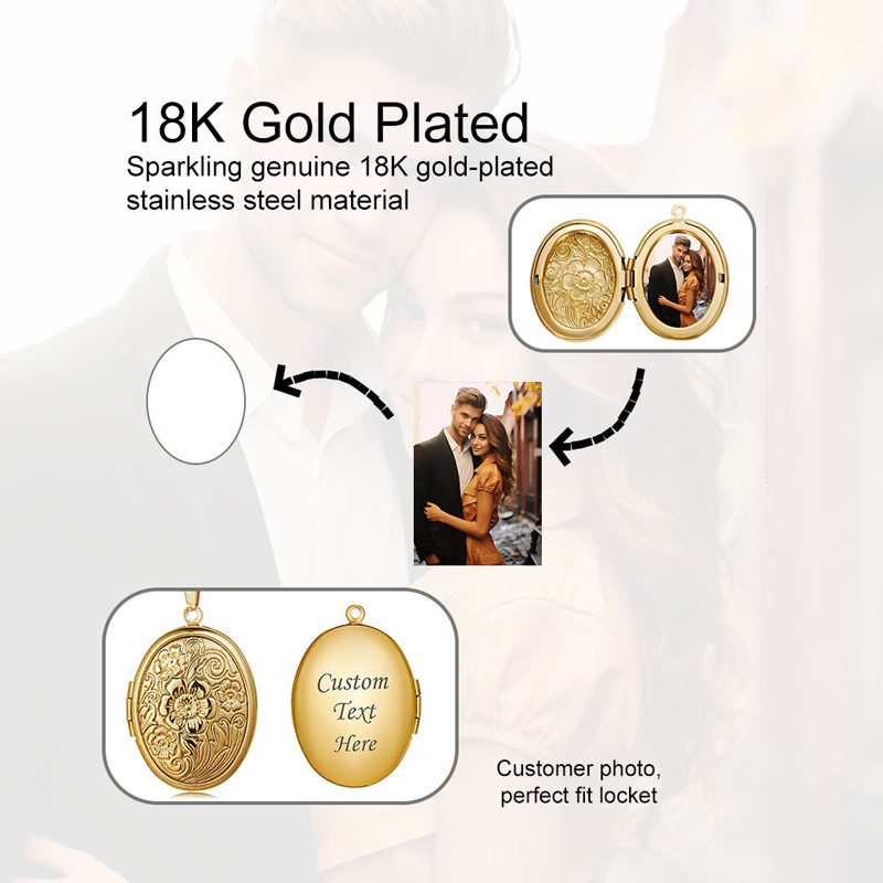 Sotiya Vintage Floral Print Oval Personalized Photo Locket Necklace Stainless Steel-Sotiya