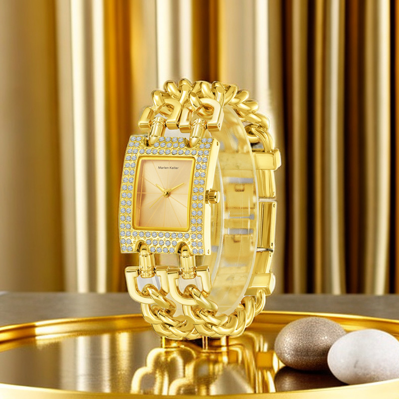 Sotiya Square Dial Quartz Movement Gold Watch with Chain Link Strap-Sotiya