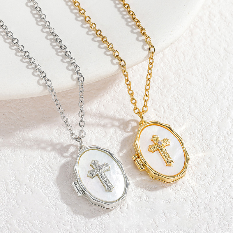 Sotiya Cross Faith Shell Personalized Photo Locket Necklace-Sotiya