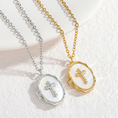 Sotiya Cross Faith Shell Personalized Photo Locket Necklace-Sotiya