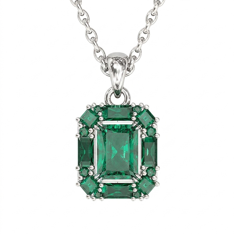 Sotiya Halo Radiant Cut Emerald Green Necklace Sterling Silver