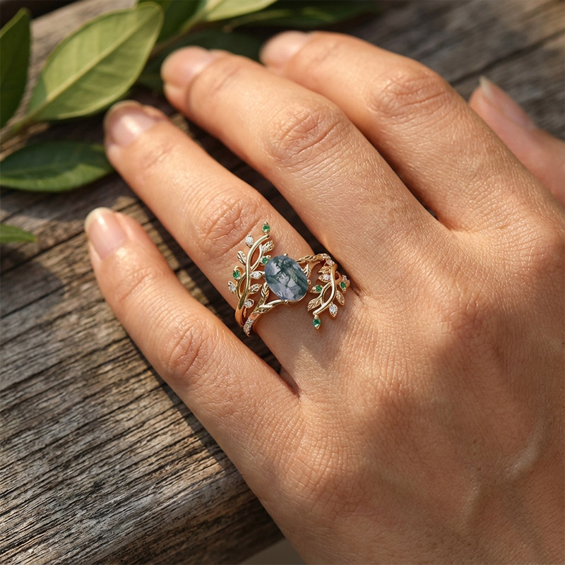 Sotiya Oval Cut Moss Agate Vine Leaf Design Wedding Bridal Ring Set Sterling Silver-Sotiya
