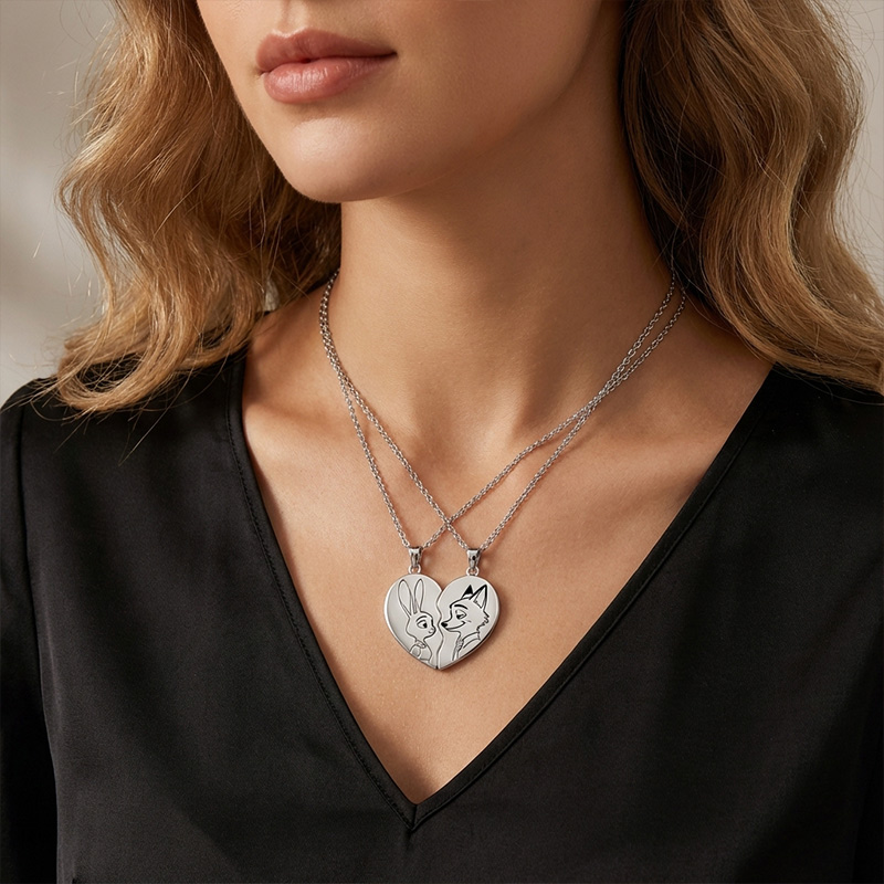 Animal City Bunny and Fox Inspired Couple Heart Necklace-Sotiya