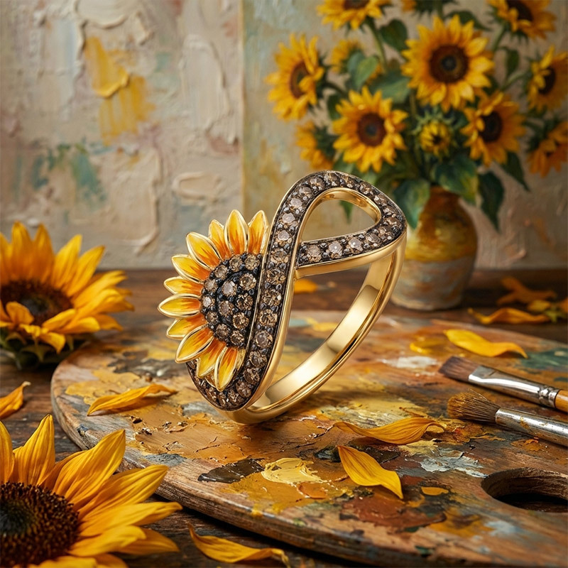 Sotiya Artist Collection Coffee Sunflower Infinity Enamel Cocktail Ring Sterling Silver-Sotiya