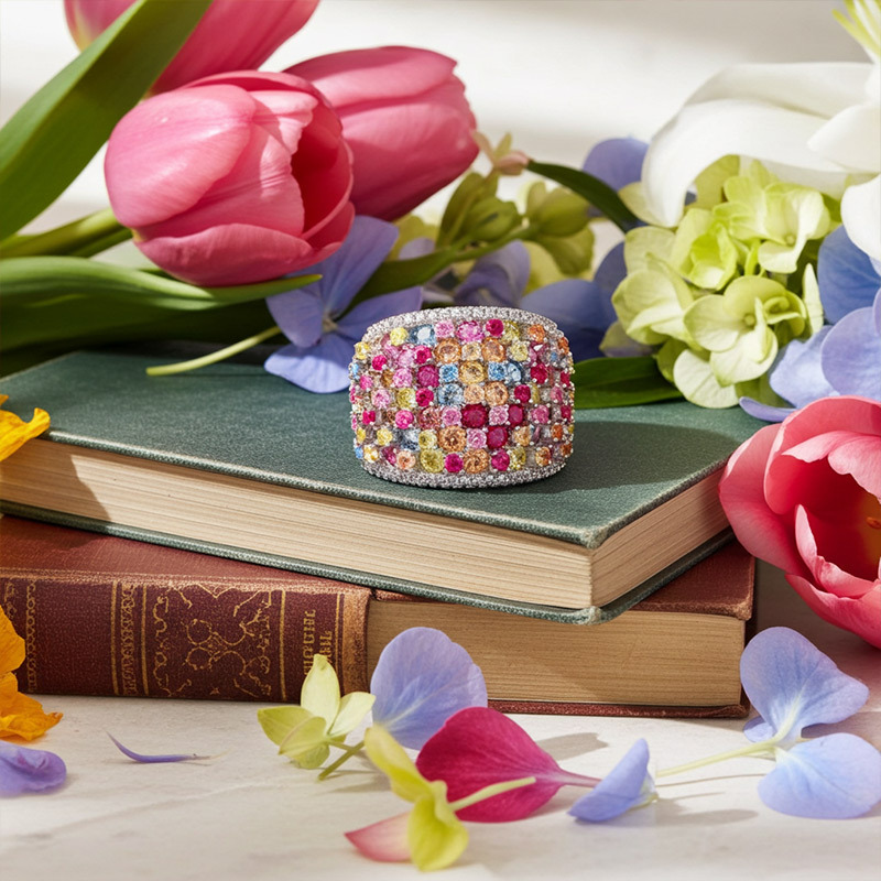 Sotiya Multi Colored Round Cut Wide Band Women's Wedding Ring Sterling Silver