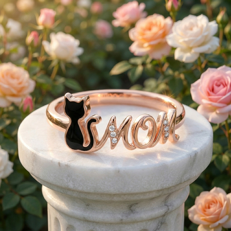 Sotiya Black Cat "MOM" Enamel Ring Sterling Silver-Sotiya