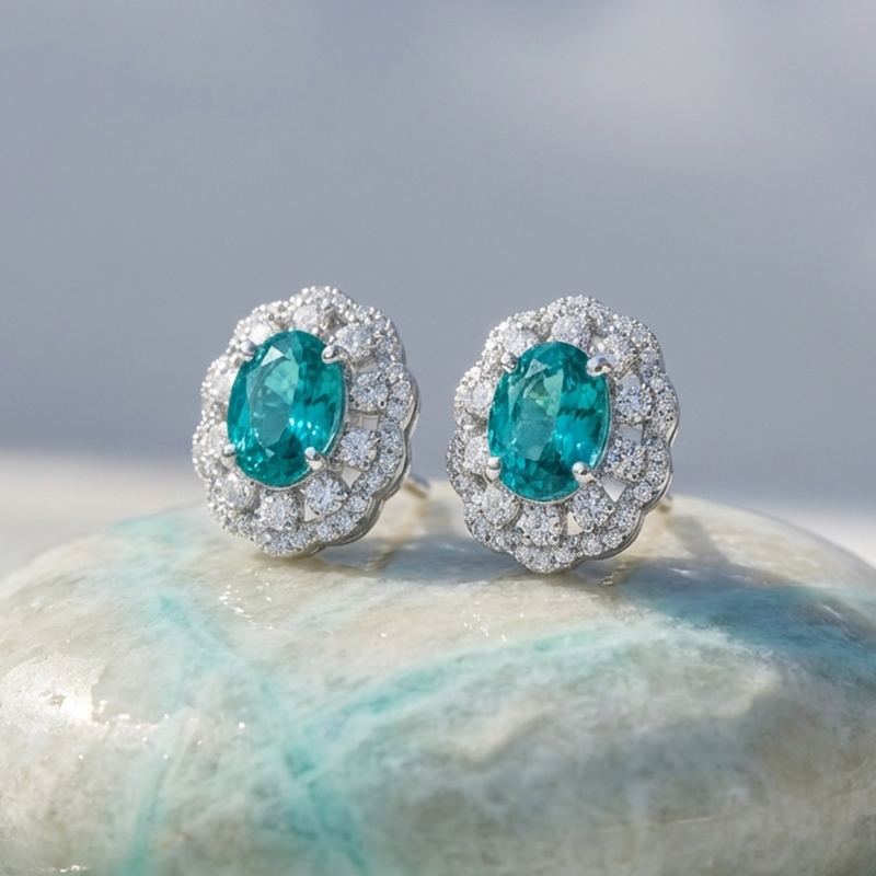 Sotiya Halo Oval Cut Lab Grown Paraiba Stud Earrings Sterling Silver
