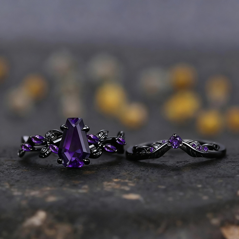 Sotiya Vintage Amethyst Nature Inspired Coffin Cut Wedding Bridal Ring Set Sterling Silver-Sotiya