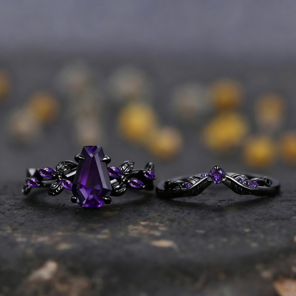 Sotiya Vintage Amethyst Nature Inspired Coffin Cut Wedding Bridal Ring Set Sterling Silver-Sotiya