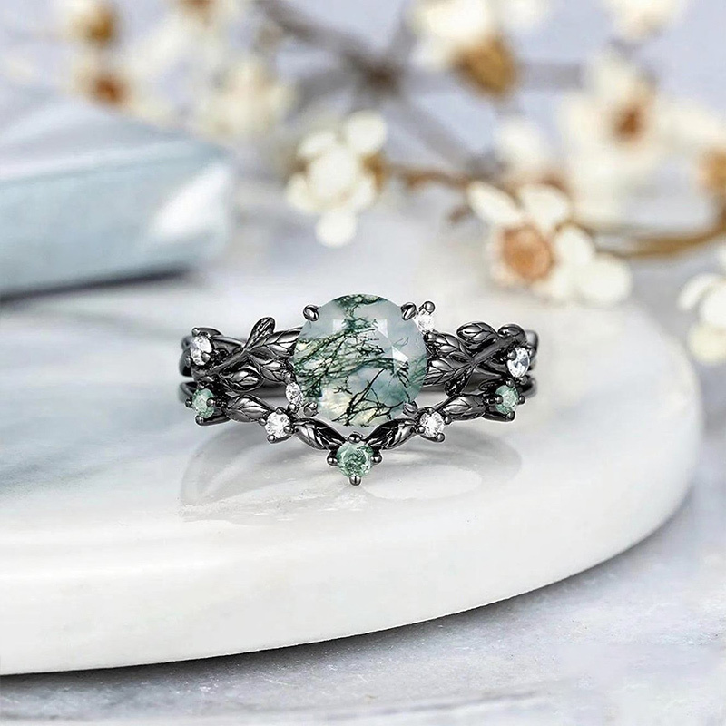 Sotiya Nature Inspired Round Cut Green Moss Agate Wedding Bridal Ring Set Sterling Silver-Sotiya
