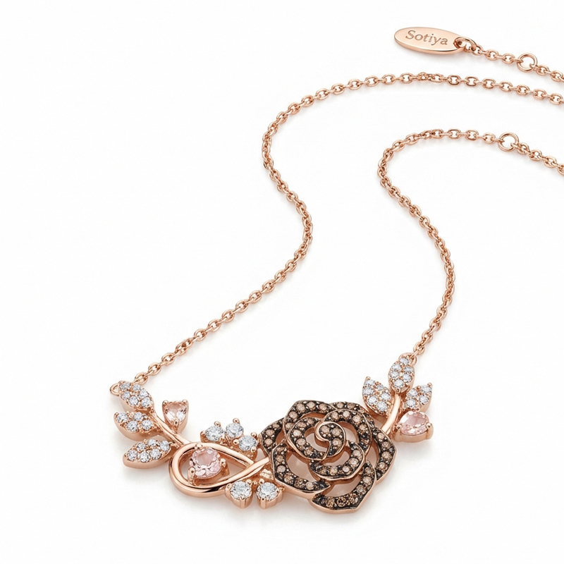 Sotiya Rose and Leaf Synthetic Morganite Necklace Sterling Silver-Sotiya