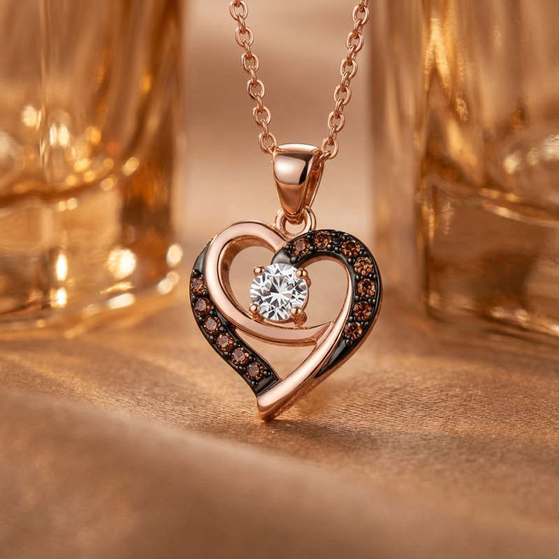 Sotiya Two Tone Heart Shaped Round Cut Coffee Necklace Sterling Silver-Sotiya