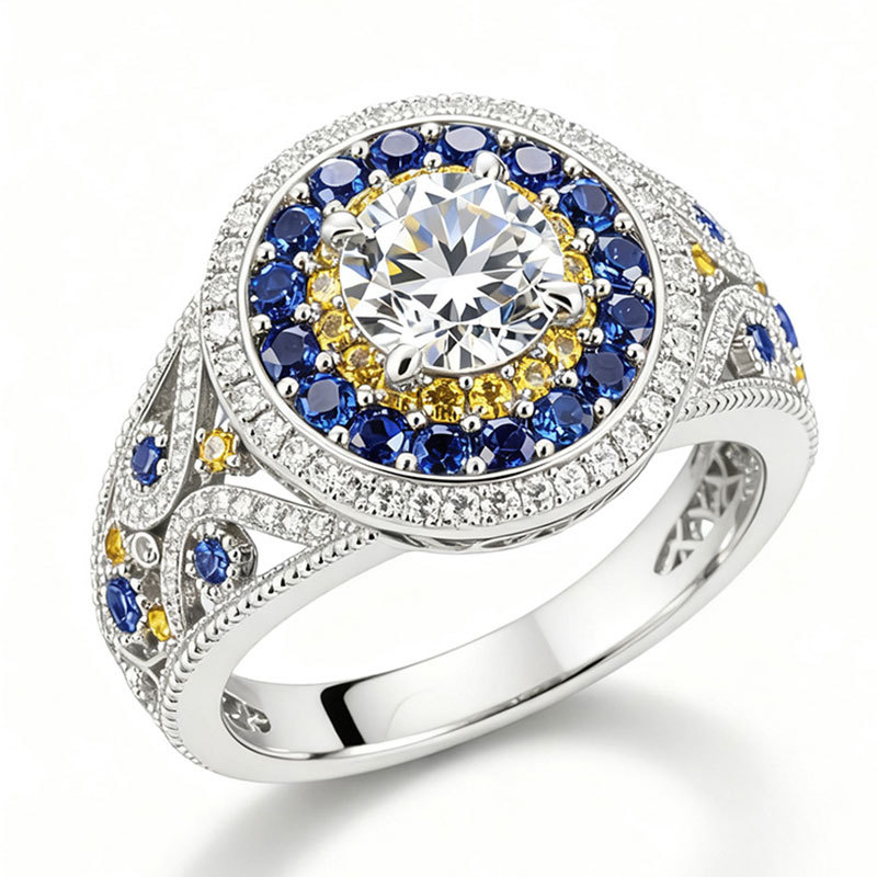 Sotiya Artist Collection Famous Painting Starry Night Triple Halo Round Cut Vintage Engagement Ring Sterling Silver-Sotiya