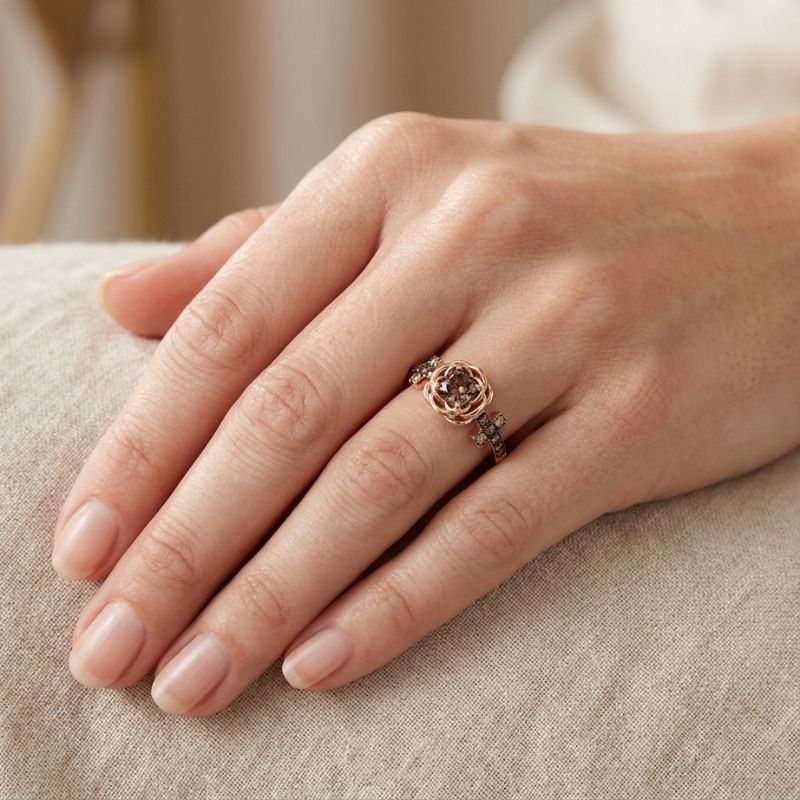 Sotiya Rose Design Faith Cross Coffee Round Cut Engagement Ring Sterling Silver-Sotiya