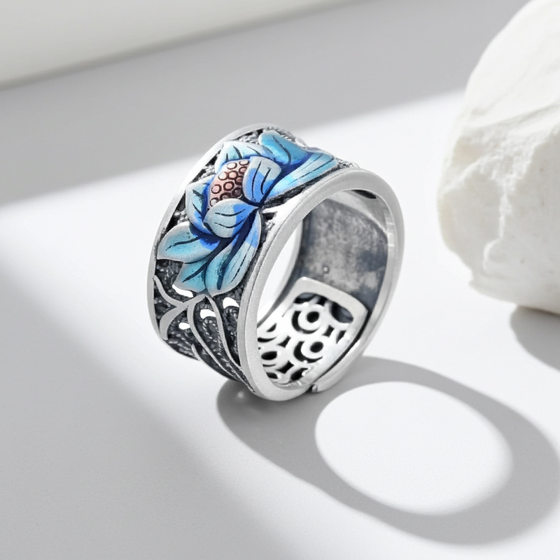 Sotiya Artist Collection Famous Painting Water Lilies Inspired Enamel Adjustable Ring Sterling Silver-Sotiya