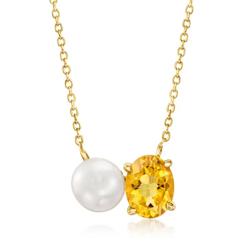 Sotiya Toi et Moi Oval Cut Citrine and Cultured Pearl Two Stone Necklace Sterling Silver-Sotiya