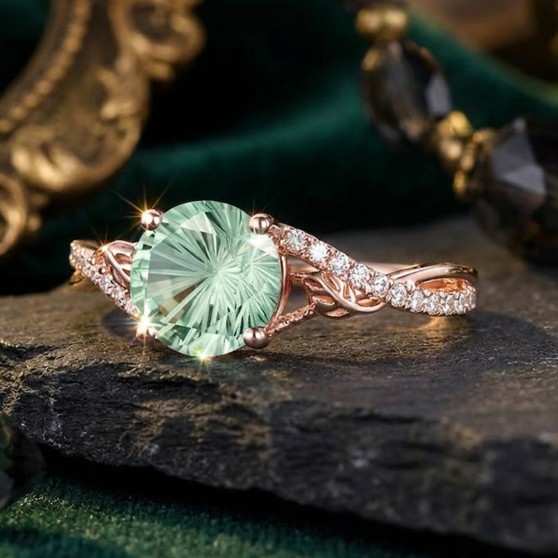 Sotiya Leaf Twist Green Round Fantasy Starbrite Cut Engagement Ring Sterling Silver-Sotiya