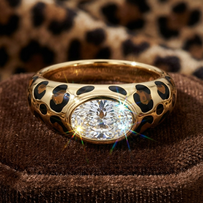 Sotiya Oval Cut Leopard Print Coffee Enamel Ring Sterling Silver-Sotiya