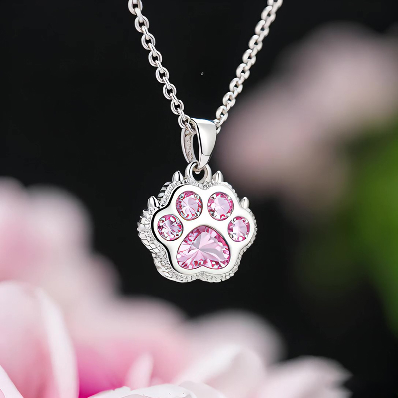 Sotiya Pet Cat Dog Paw Pink Heart Cut Pendant Necklace Sterling Silver-Sotiya