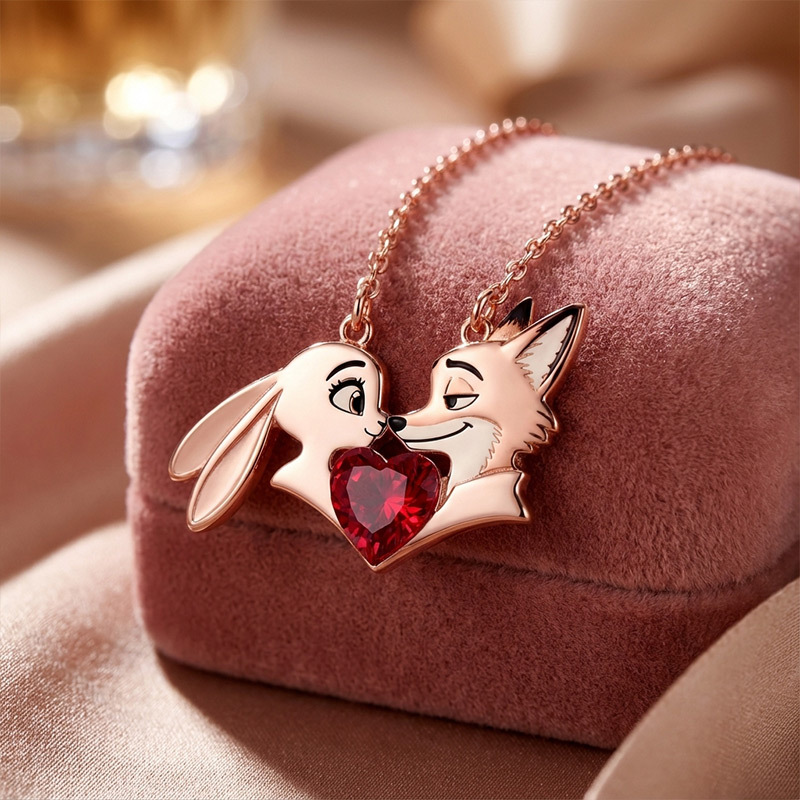 Animal City Bunny and Fox Inspired Hug Heart Couple  Necklace-Sotiya