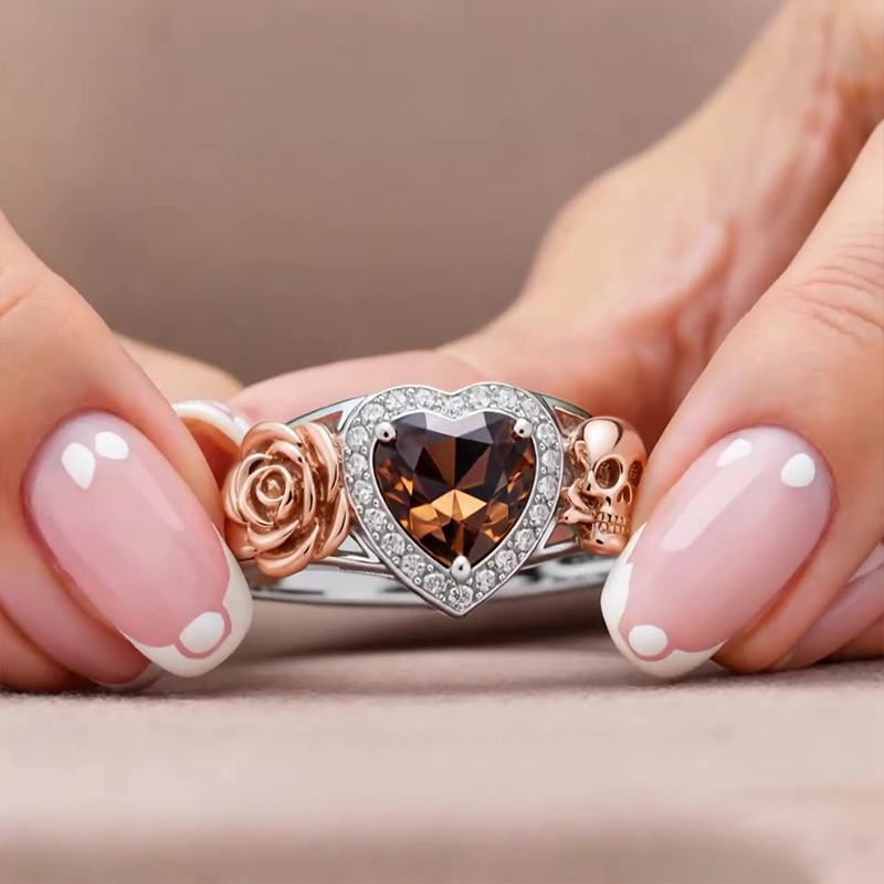 Sotiya Flower Skull Halo Heart Cut Coffee Engagement Ring Sterling Silver-Sotiya