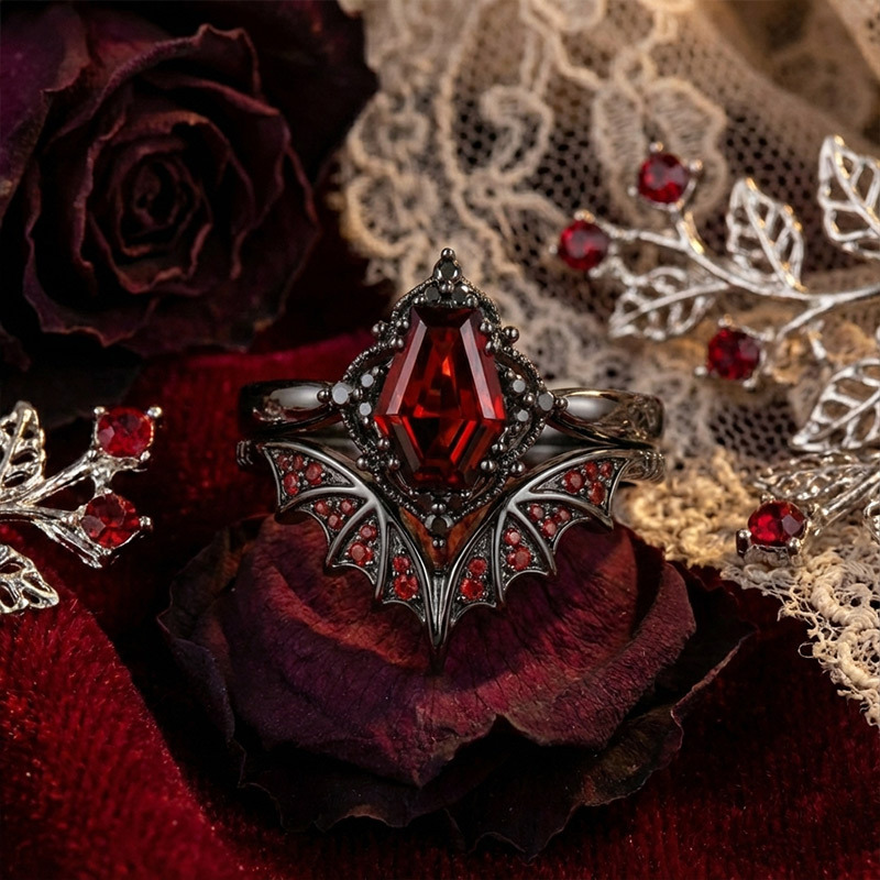 Sotiya Vintage Gothic Bat Coffin Cut Wedding Bridal Ring Set Sterling Silver-Sotiya
