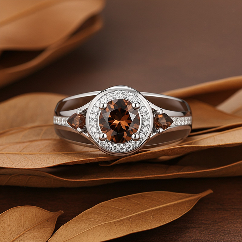 Sotiya Halo Round Cut Coffee Enamel Engagement Ring Sterling Silver-Sotiya