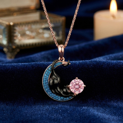Sotiya 12 Birthstones Crescent Moon & Black Cat Round Cut Necklace Sterling Silver-Sotiya