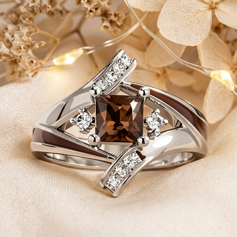 Sotiya Princess Cut Bypass Coffee Enamel Engagement Ring Sterling Silver-Sotiya