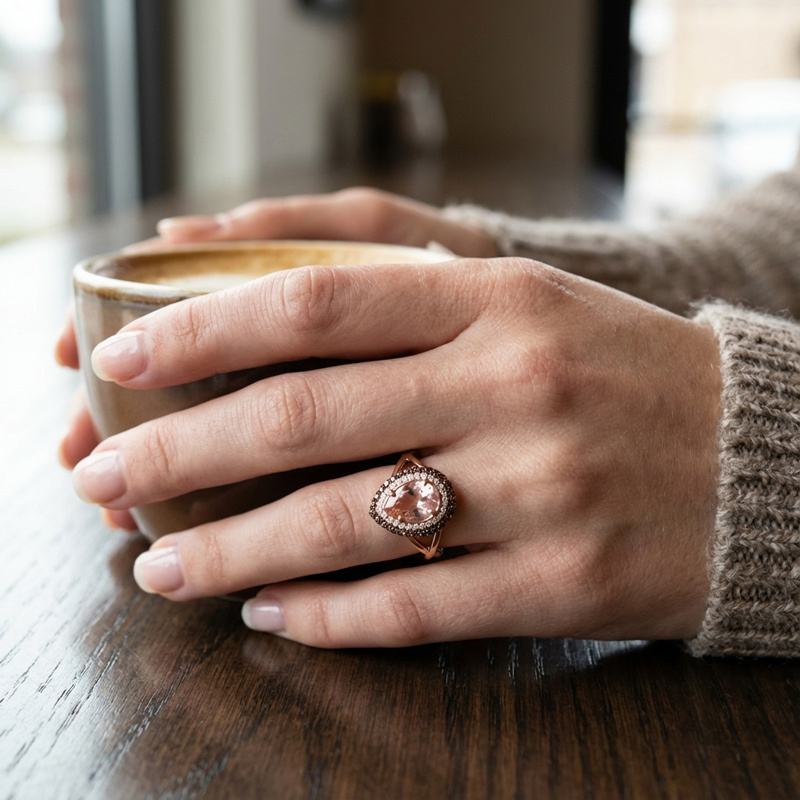 Sotiya Double Halo Pear Cut Pink Coffee Engagement Ring Sterling Silver-Sotiya