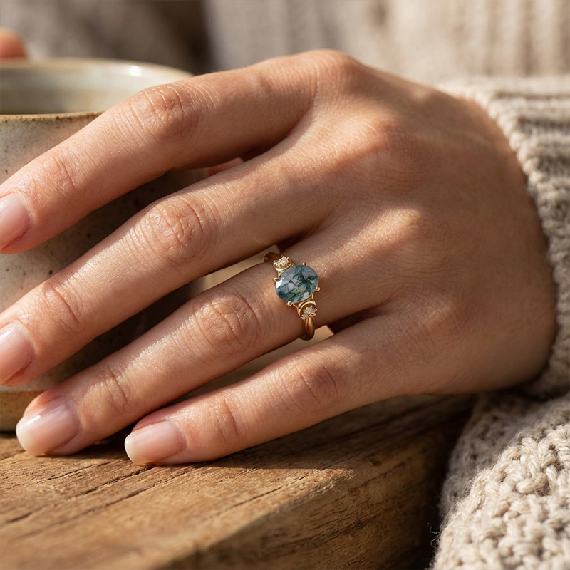 Sotiya Moon Design Moss Agate Oval Cut Engagement Ring Sterling Silver-Sotiya