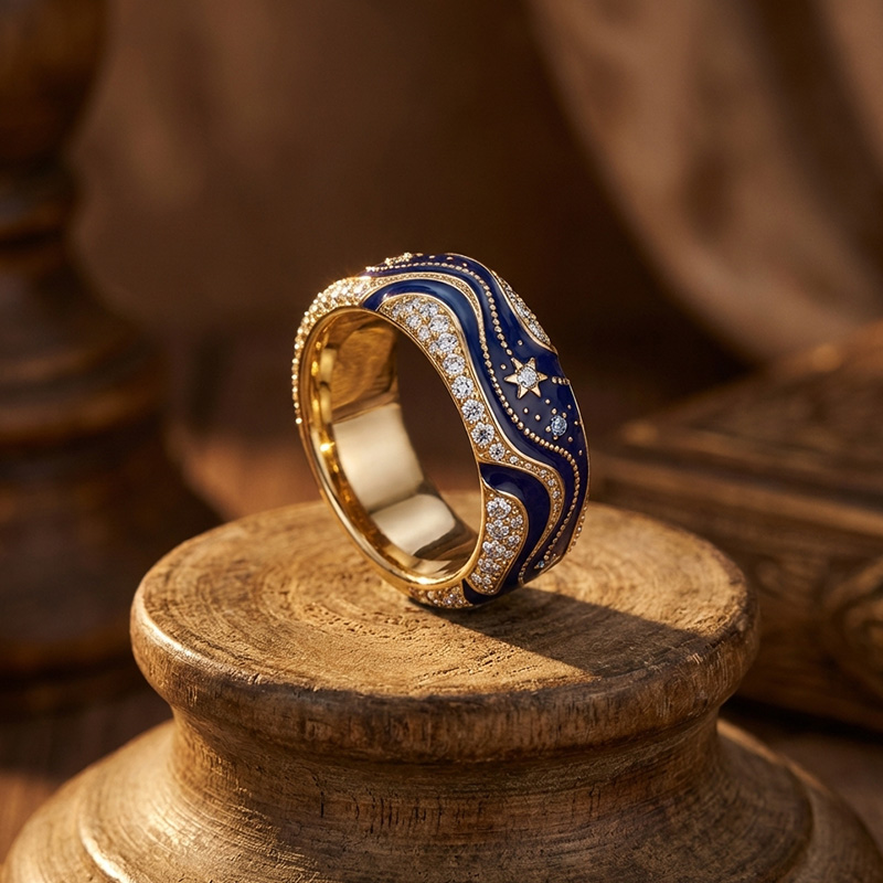 Sotiya Artist Collection Famous Painting Enamel Starry Night Curve Curl Design Women's Wedding Ring Band Sterling Silver