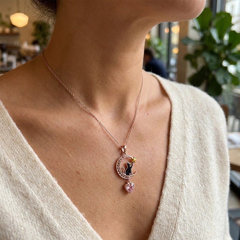 Sotiya Crescent Moon & Black Cat Heart Cut Necklace Sterling Silver-Sotiya