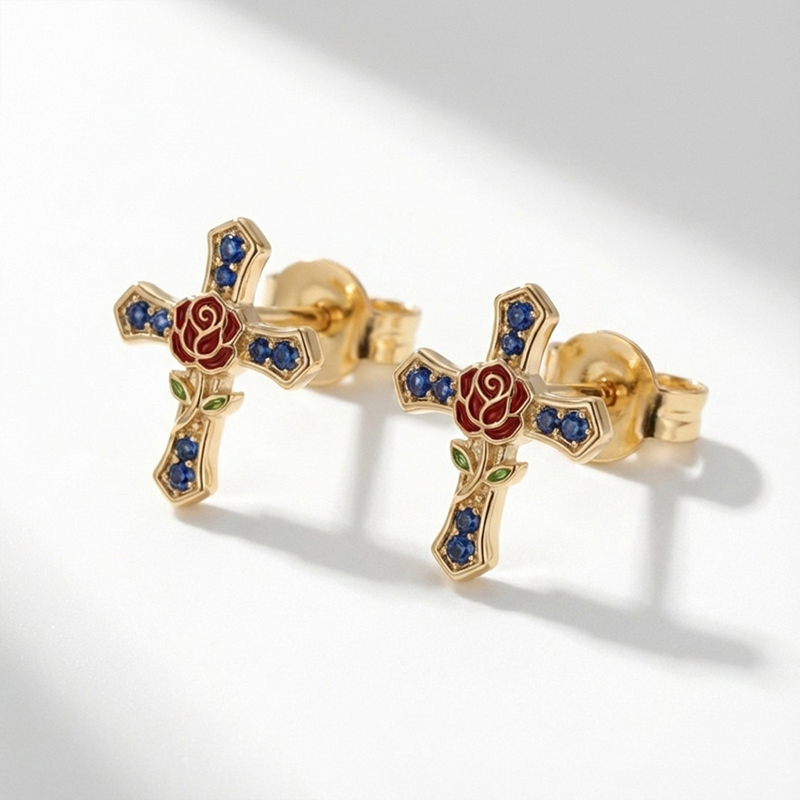 Sotiya Enchanted Red Rose Design Enamel Faith Cross Stud Earrings Sterling Silver-Sotiya